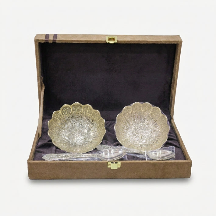 Golden Finish Lotus Bowl Set with Spoons & Gift Box for Dessert Serving, Sweets & Gifting