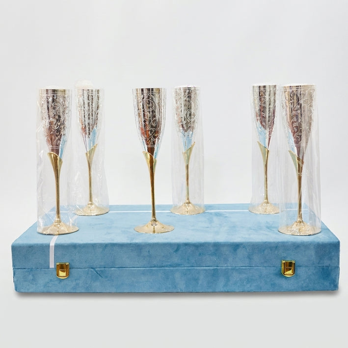 Golden Silver 6 Glass Set with Box, Decorative Brass Drinkware Set for Serving & Gifting
