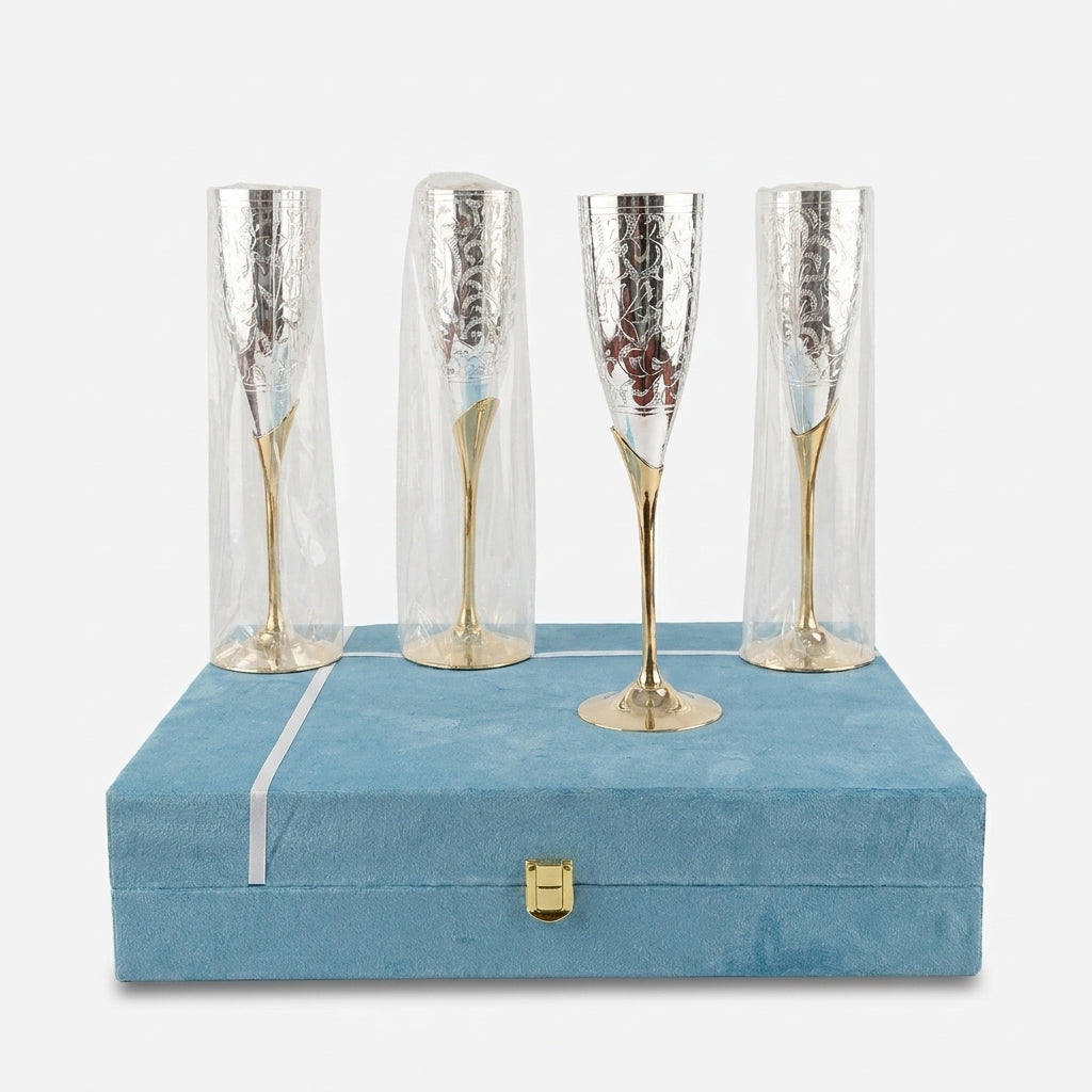 Golden Silver 4 Glass Set with Box, Decorative Brass Drinkware Set for Parties, Serving & Gifting