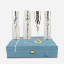 Golden Silver 4 Glass Set with Box, Decorative Brass Drinkware Set for Parties, Serving & Gifting