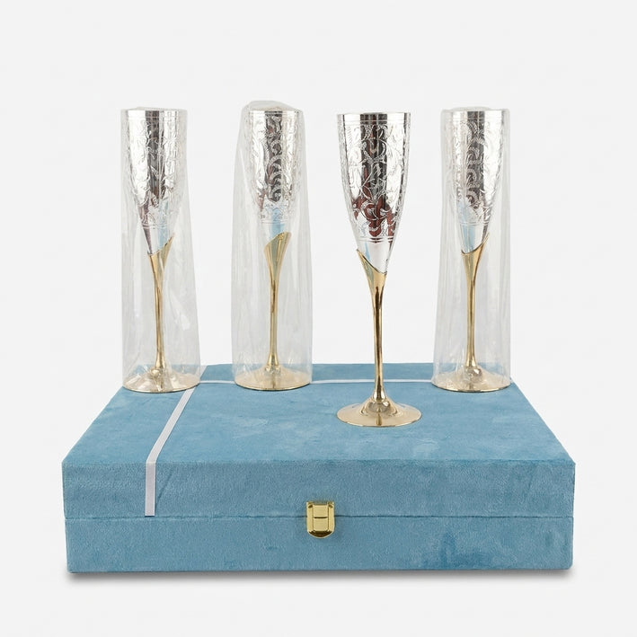 Golden Silver 4 Glass Set with Box, Decorative Brass Drinkware Set for Parties, Serving & Gifting