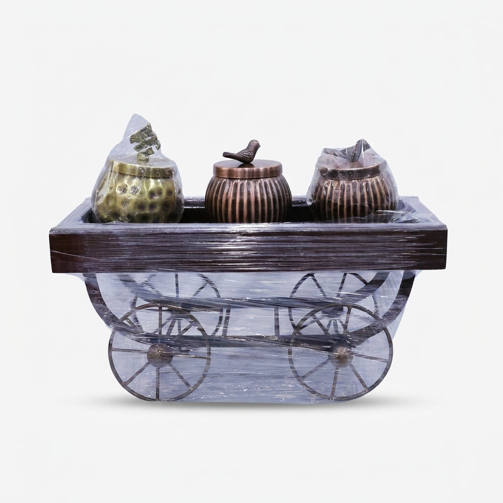 Decorative Brass Bowl Set Thela, Vintage Cart Style Dry Fruit Bowl Set for Dining, Home Décor & Gifting