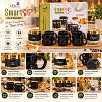 Anupam Premium Black & Golden Glass Jar with Coffee Mug Set of 8 | 2 Airtight Storage Jars & 6 Stylish Coffee Mugs | Luxury Tea, Coffee, Sugar, Dry Fruits & Kitchen Storage Set for Home, Office & Gifting
