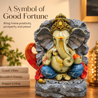 Anupam Premium Lord Ganesha Decorative Idol with Rock-Style Backdrop | Premium Polyresin Showpiece for Home & Office Decor