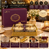 Anupam Premium Golden Glass Storage Jar Set with Decorative Tray | 4 Elegant Airtight Jars with Lids & 1 Luxury Serving Tray | Kitchen Storage Container Set for Tea, Coffee, Sugar, Dry Fruits & Gifting
