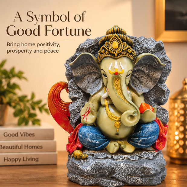 Anupam Premium Lord Ganesha Decorative Idol with Rock-Style Backdrop | Premium Polyresin Showpiece for Home & Office Decor