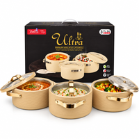 Anupam Ultra Premium Insulated Casserole Set of 3 | Luxury Golden Hot & Cold Food Serving Casserole with Stainless Steel Inner | Stylish Beige Thermal Hot Pot Set with Lids | Food Warmer for Kitchen, Dining, Parties & Festive Gifting