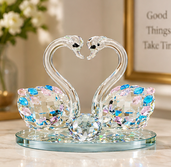 Anupam Premium Crystal Swan Couple Showpiece with Multicolor Stones | Elegant Home Decor & Gift