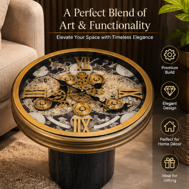 Anupam Luxury Gear Design Table Clock with Roman Numerals | Premium Gold & Black Decorative Clock