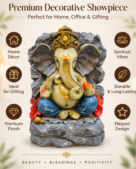 Anupam Premium Lord Ganesha Decorative Idol with Rock-Style Backdrop | Premium Polyresin Showpiece for Home & Office Decor
