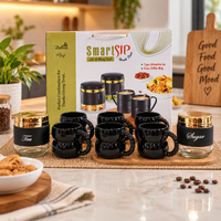 Anupam Premium Black & Golden Glass Jar with Coffee Mug Set of 8 | 2 Airtight Storage Jars & 6 Stylish Coffee Mugs | Luxury Tea, Coffee, Sugar, Dry Fruits & Kitchen Storage Set for Home, Office & Gifting