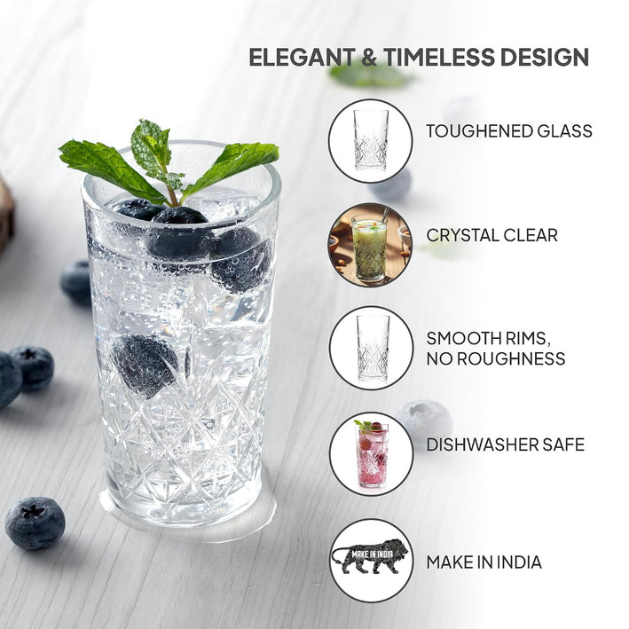CELLO Classix Glass Tumbler Set of 6 | Stylish Clear Drinking Glasses for Water, Juice, Cocktails, Mocktails & Lemonade | Elegant Multipurpose Beverage Glasses