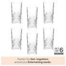 CELLO Classix Glass Tumbler Set of 6 | Stylish Clear Drinking Glasses for Water, Juice, Cocktails, Mocktails & Lemonade | Elegant Multipurpose Beverage Glasses