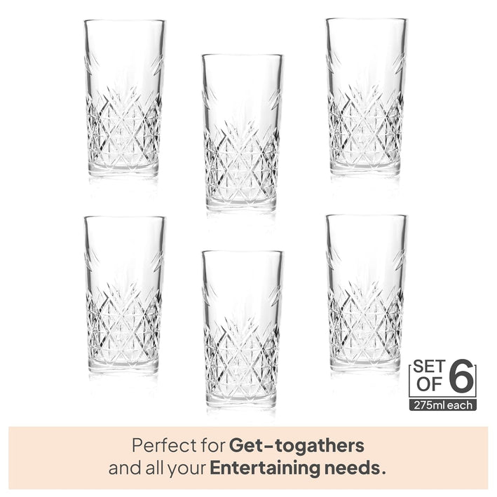 CELLO Classix Glass Tumbler Set of 6 | Stylish Clear Drinking Glasses for Water, Juice, Cocktails, Mocktails & Lemonade | Elegant Multipurpose Beverage Glasses
