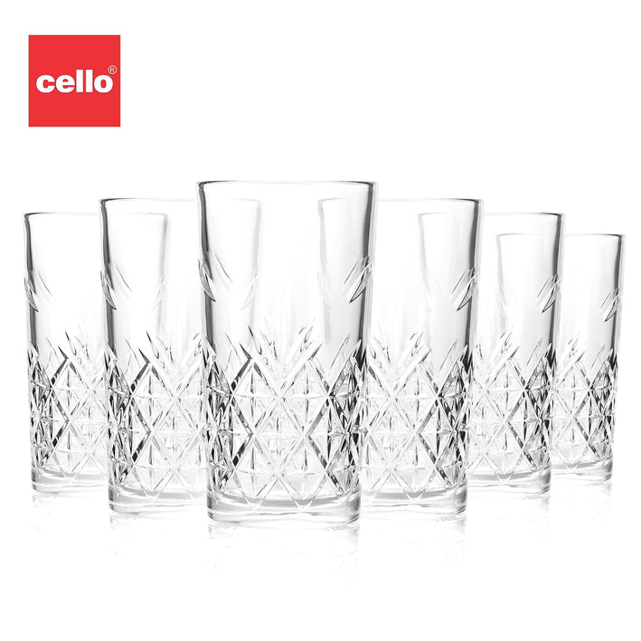 CELLO Classix Glass Tumbler Set of 6 | Stylish Clear Drinking Glasses for Water, Juice, Cocktails, Mocktails & Lemonade | Elegant Multipurpose Beverage Glasses