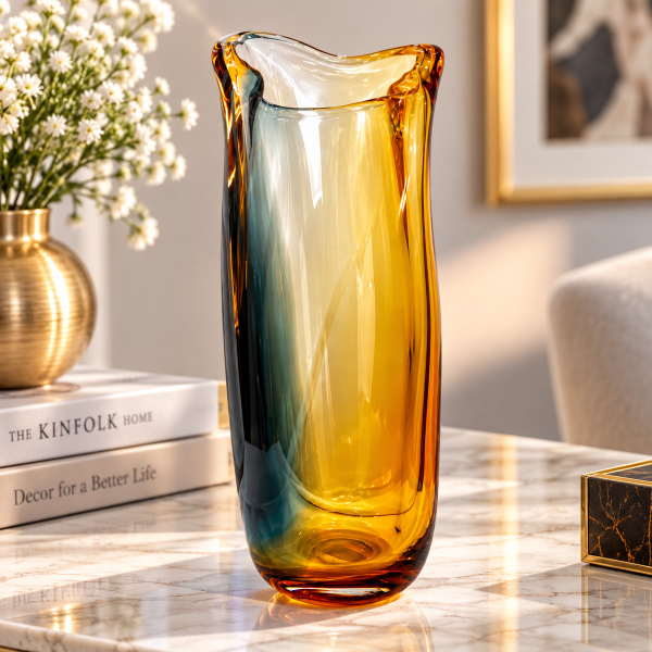 Anupam Premium Amber & Teal Gradient Glass Vase | Modern Artistic Decorative Flower Vase for Home & Office