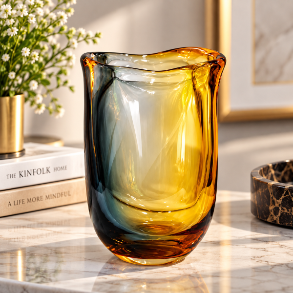 Anupam Premium Amber & Teal Gradient Glass Vase | Modern Artistic Decorative Flower Vase for Home & Office