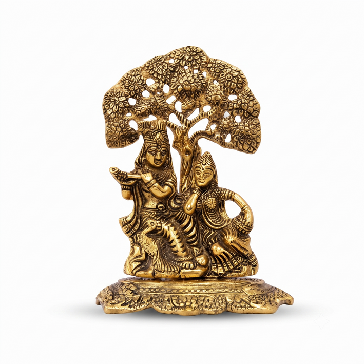 Premium Divine Radha Krishna Under Tree Showpiece – Antique Golden Decorative Idol for Home & Office