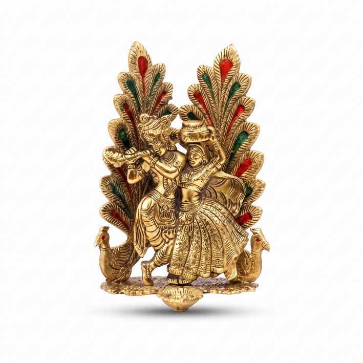 Premium Radha Krishna Decorative Idol with Peacock & Floral Design | Gold Finish Spiritual Home Decor