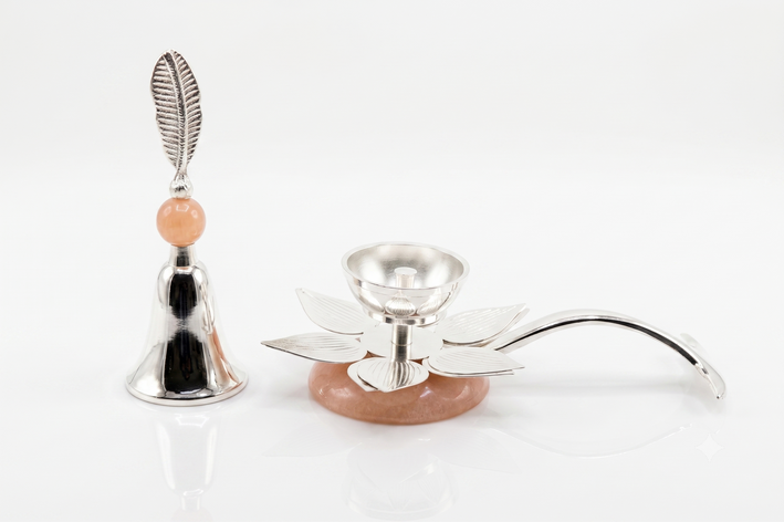 Premium Silver Finish Decorative Pooja Bell & Lotus Diya Set with Feather Design