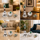Premium Silver Finish Rudraksha Pooja Bell, Kumkum Box & Diya Set with Green Stone | Decorative Gift Set
