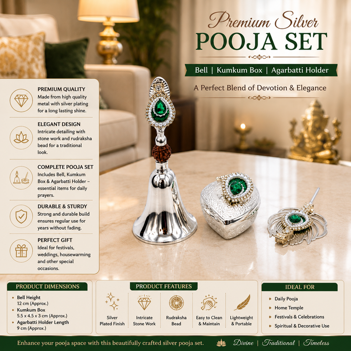 Premium Silver Finish Rudraksha Pooja Bell, Kumkum Box & Diya Set with Green Stone | Decorative Gift Set