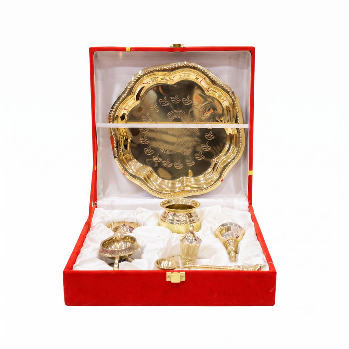 Premium Gold Finish Designer Pooja Thali Set with Kalash, Diya & Pooja Accessories | Luxury Gift Box