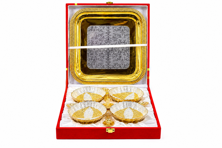 Premium Gold & Silver Designer Serving Bowl Set with Trays & Diya | Luxury Gift Hamper