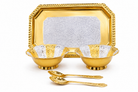 Premium Golden & Silver Finish Decorative Bowl, Spoon & Serving Tray Gift Set