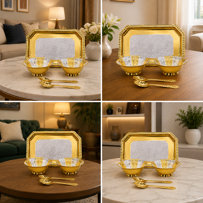 Premium Golden & Silver Finish Decorative Bowl, Spoon & Serving Tray Gift Set