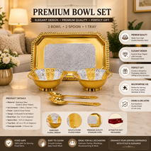 Premium Golden & Silver Finish Decorative Bowl, Spoon & Serving Tray Gift Set