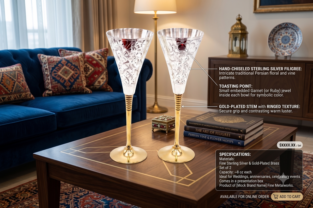 Premium Silver & Gold-Plated Champagne Flute Glass Set of 2 | Handcrafted Engraved Celebration Goblets