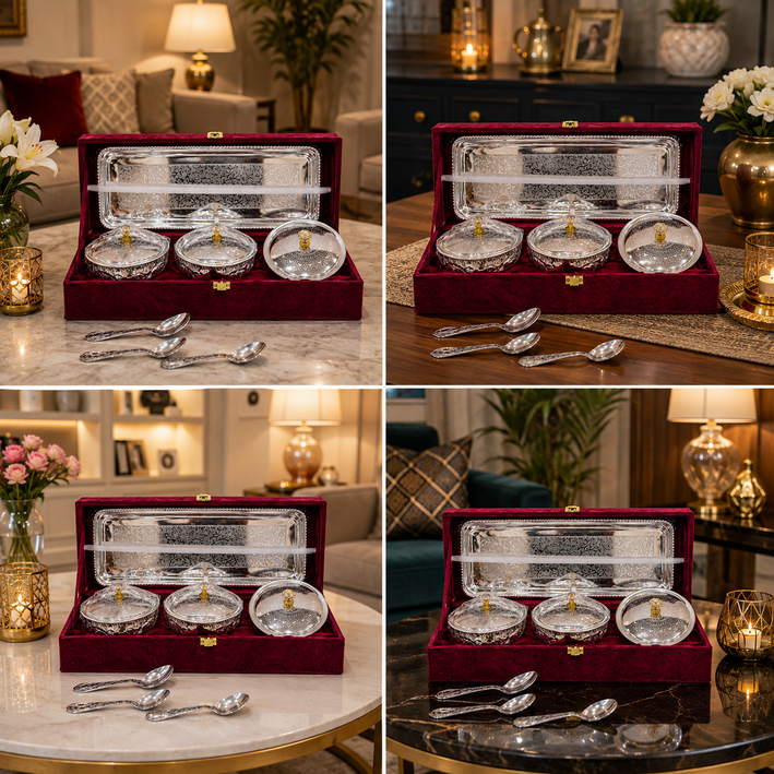 Premium Silver Finish 3-Piece Covered Bowl & Serving Tray Gift Set with Spoons