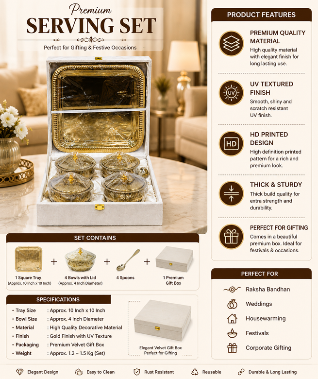 Premium Luxury Gold-Plated Serving Set with 4 Covered Bowls & Decorative Tray | Premium Dry Fruit & Sweet Gift Set
