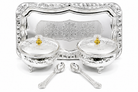 Premium Silver Finish 2 Bowl Serving Set with Lids, Spoons & Decorative Tray
