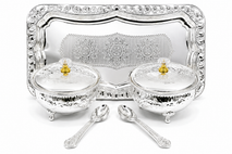 Premium Silver Finish 2 Bowl Serving Set with Lids, Spoons & Decorative Tray