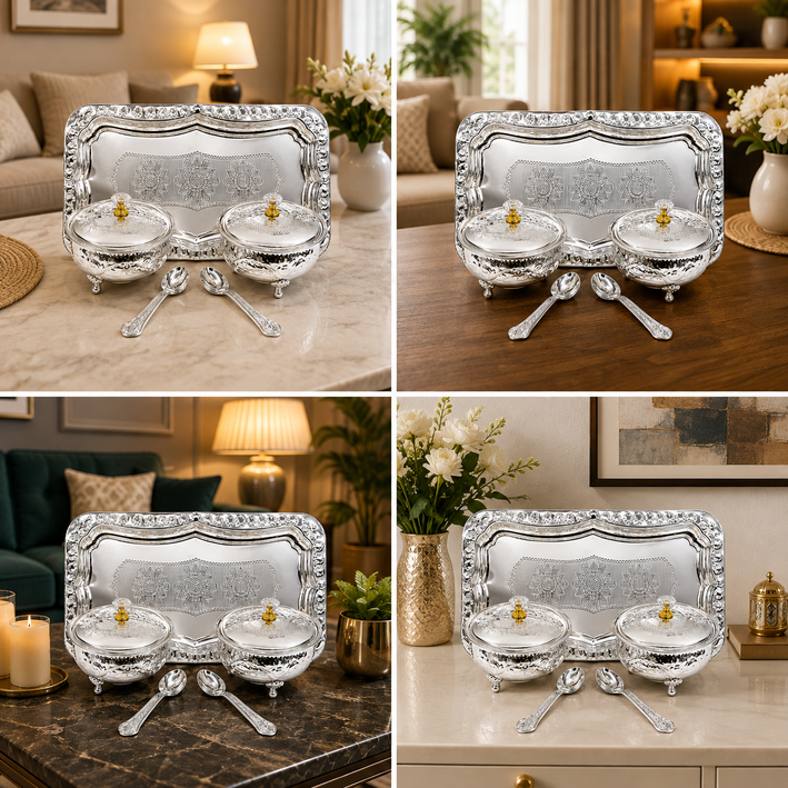 Premium Silver Finish 2 Bowl Serving Set with Lids, Spoons & Decorative Tray