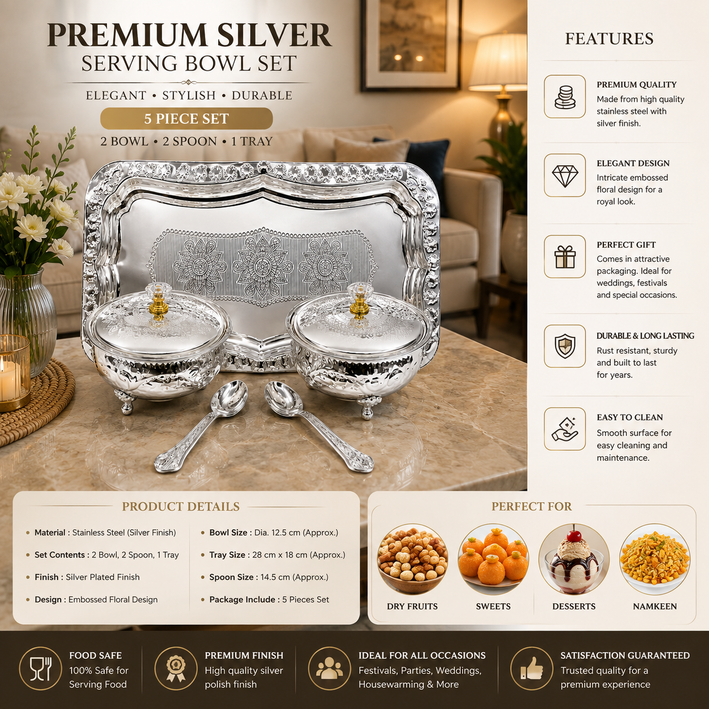 Premium Silver Finish 2 Bowl Serving Set with Lids, Spoons & Decorative Tray