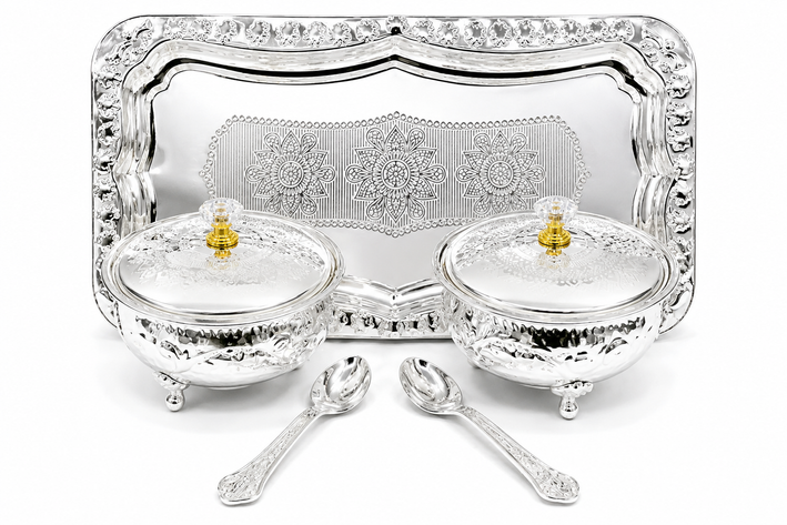 Premium Silver Finish 2 Bowl Serving Set with Lids, Spoons & Decorative Tray