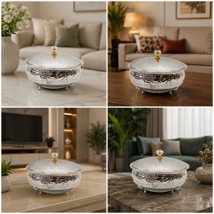 Premium Silver Finish Decorative Serving Bowl with Lid & Spoon