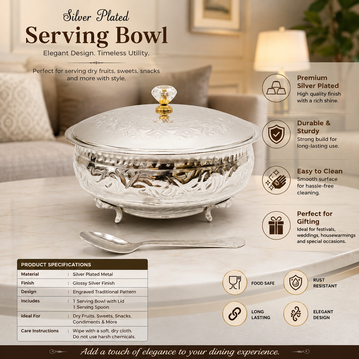 Premium Silver Finish Decorative Serving Bowl with Lid & Spoon