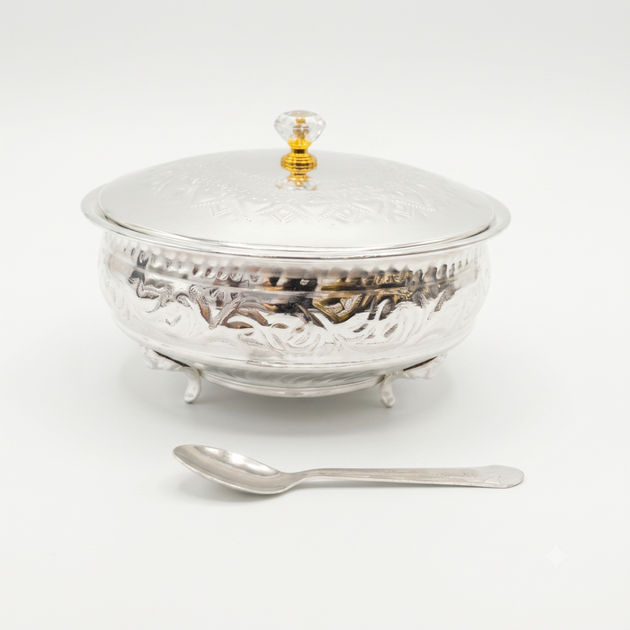 Premium Silver Finish Decorative Serving Bowl with Lid & Spoon