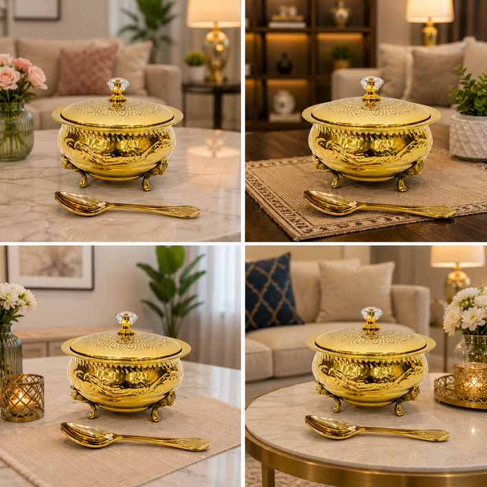 Premium Gold-Plated Decorative Serving Bowl with Lid & Spoon | Luxury Dry Fruit & Sweet Dish