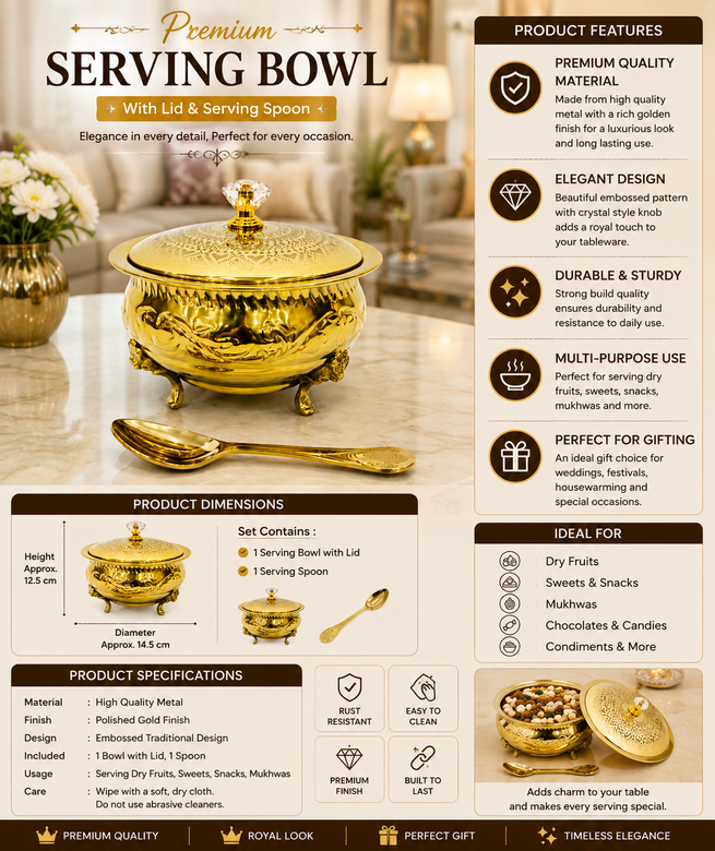 Premium Gold-Plated Decorative Serving Bowl with Lid & Spoon | Luxury Dry Fruit & Sweet Dish