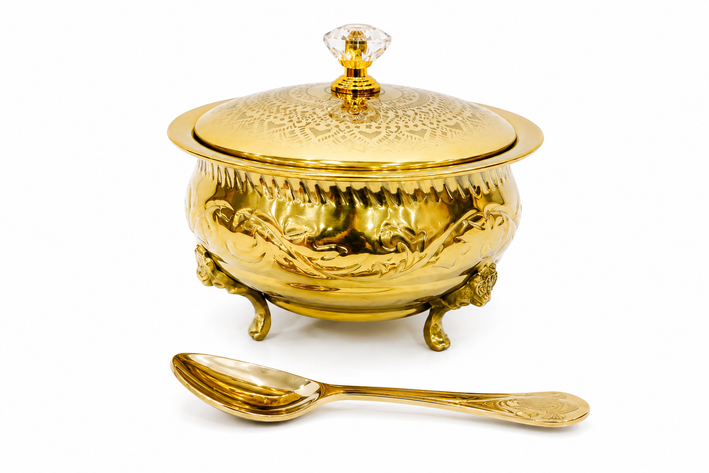 Premium Gold-Plated Decorative Serving Bowl with Lid & Spoon | Luxury Dry Fruit & Sweet Dish