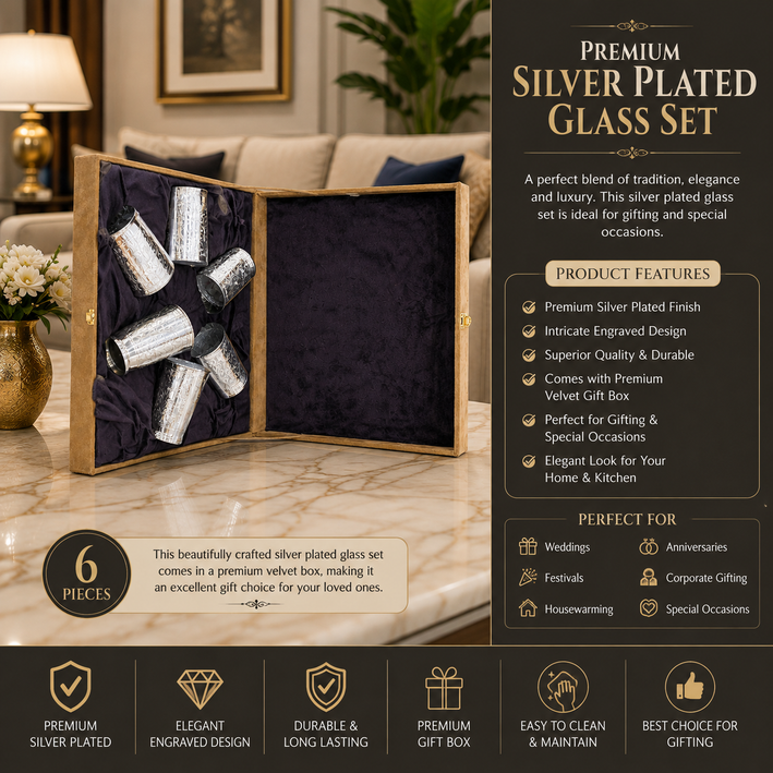 Premium Silver Plated Designer Glass Set of 6 with Luxury Velvet Storage Box