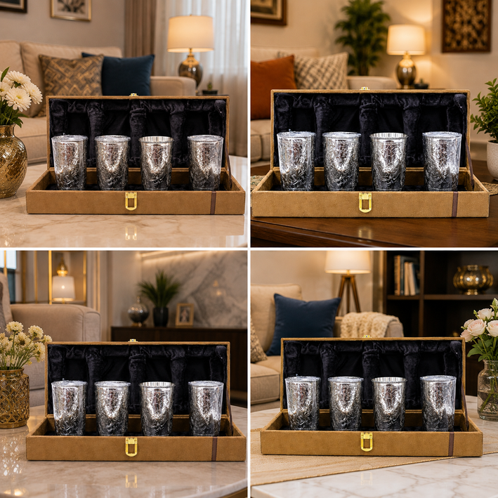 Premium Silver Plated Drinking Glass Set with Luxury Velvet Gift Box | Set of 4