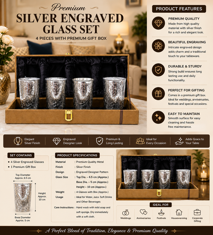 Premium Silver Plated Drinking Glass Set with Luxury Velvet Gift Box | Set of 4