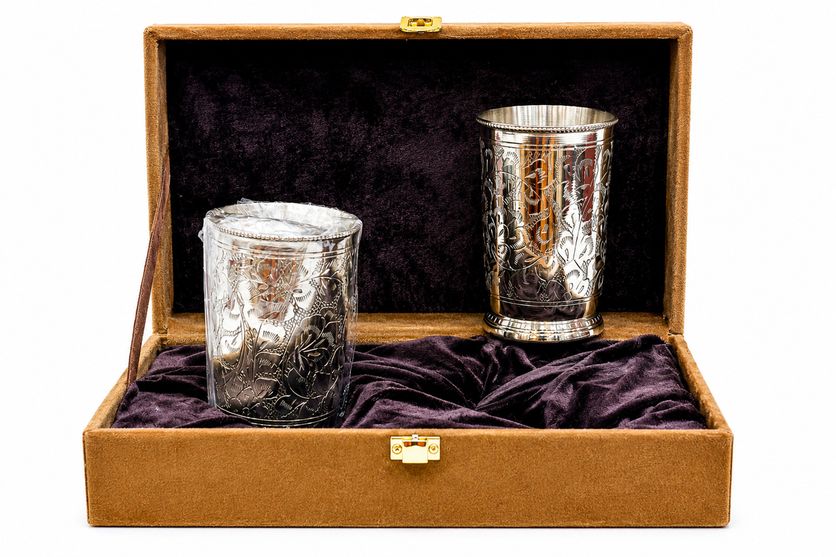 Premium Silver Finish Designer Glass Tumbler Set with Luxury Gift Box – Set of 2