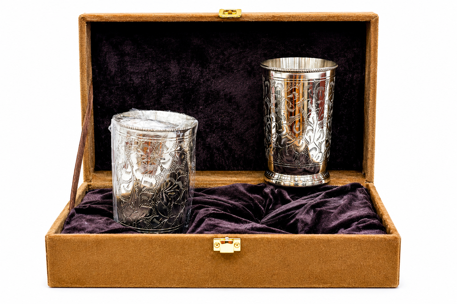 Premium Silver Finish Designer Glass Tumbler Set with Luxury Gift Box – Set of 2
